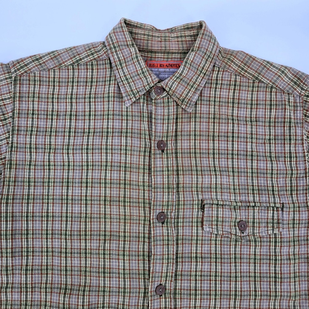 Bugle Boy Vintage Shirt M Oversized 100% Cotton Green Brown Plaid 90s Prep VGUC